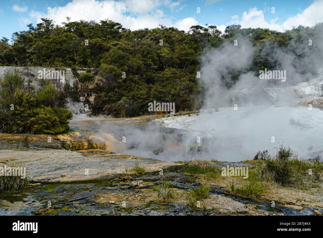Il vapore sorge da una piscina termale presso il Parco geotermico di Orakei Korako, Nuova Zelanda Foto Stock