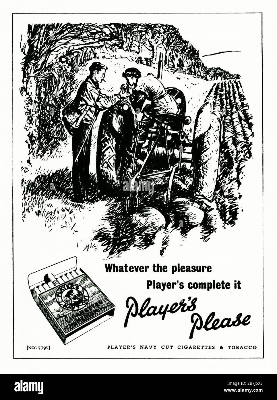 Un annuncio degli anni '50 per le sigarette 'Medio' da taglio Navy del giocatore. L'annuncio è apparso in una rivista pubblicata nel Regno Unito nel febbraio 1952. L'illustrazione presenta una ragazza su un trattore e le parole enfatizzano il piacere di fumare e la famosa frase "Player's Please". La scatola delle sigarette presentava la famosa immagine marinara al centro del disegno - con la parola 'Hero' sul suo cappello. John Player e i figli di Nottingham entrarono a far parte di Imperial Tobacco nel 1901. Foto Stock