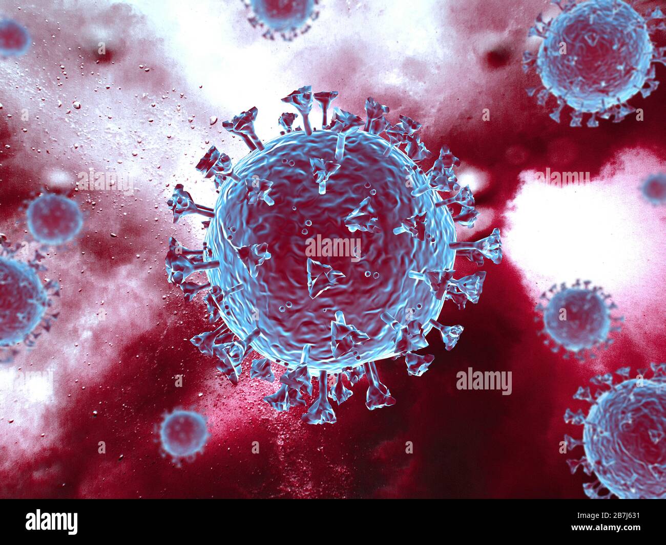 Scena del virus Corona con struttura dettagliata. Soggetti blu/rossi su sfondo rosso. rendering 3d. Foto Stock