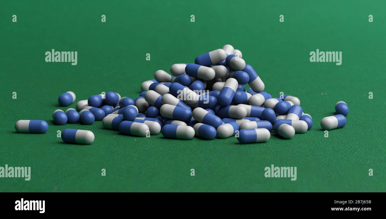 Capsule medicina pillole, salute farmacia concetto. Farmaci per il trattamento di farmaci. Mucchio di capsule di colore blu bianco su sfondo verde. rapporto di illustrazione 3d Foto Stock