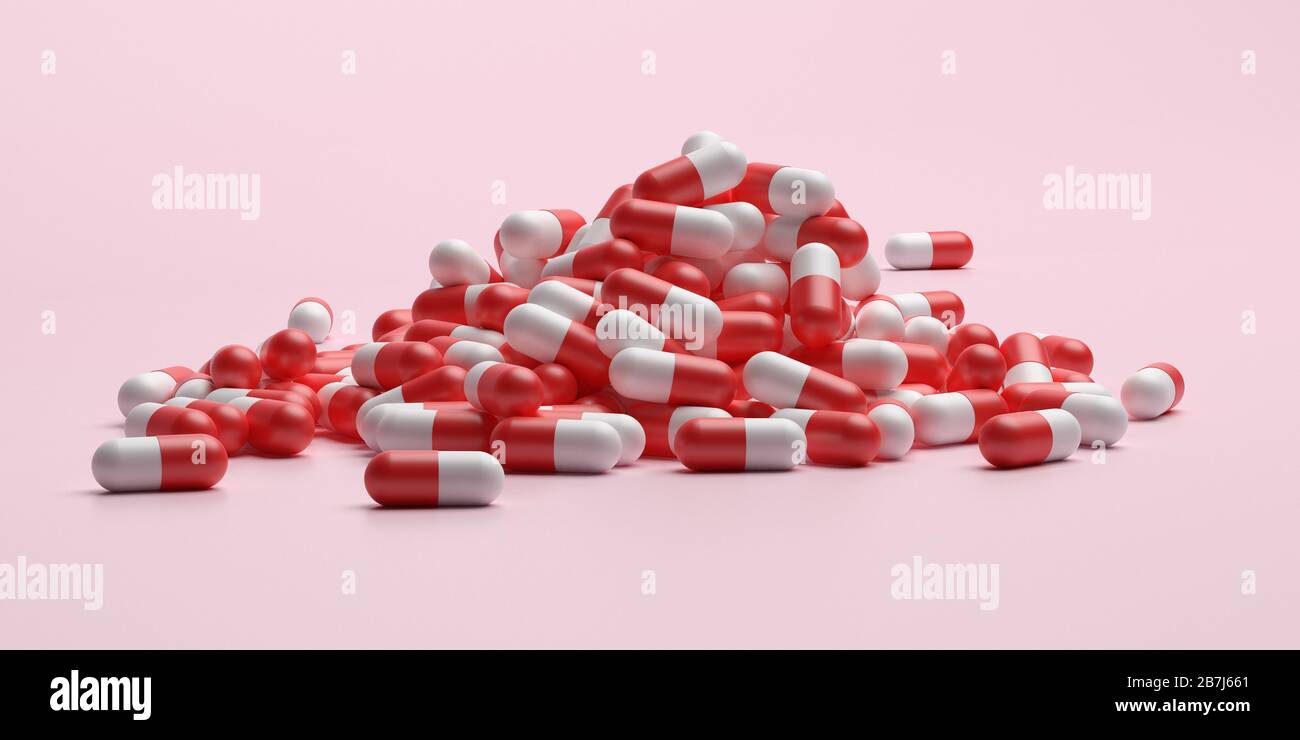 Capsule medicina pillole, salute farmacia concetto. Farmaci per il trattamento di farmaci. Mucchio di capsule di colore rosso bianco su sfondo rosa. illustrazione 3d Foto Stock