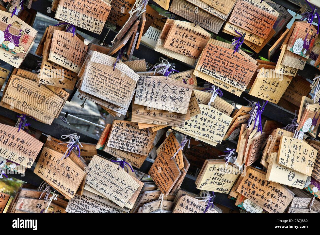 TOKYO, Giappone - 12 Aprile 2012: Ema, tradizionale in legno schede di preghiera di fronte Ueno al Santuario di Toshogu in Taito ward di Tokyo. Kami (gli spiriti degli dei Foto Stock