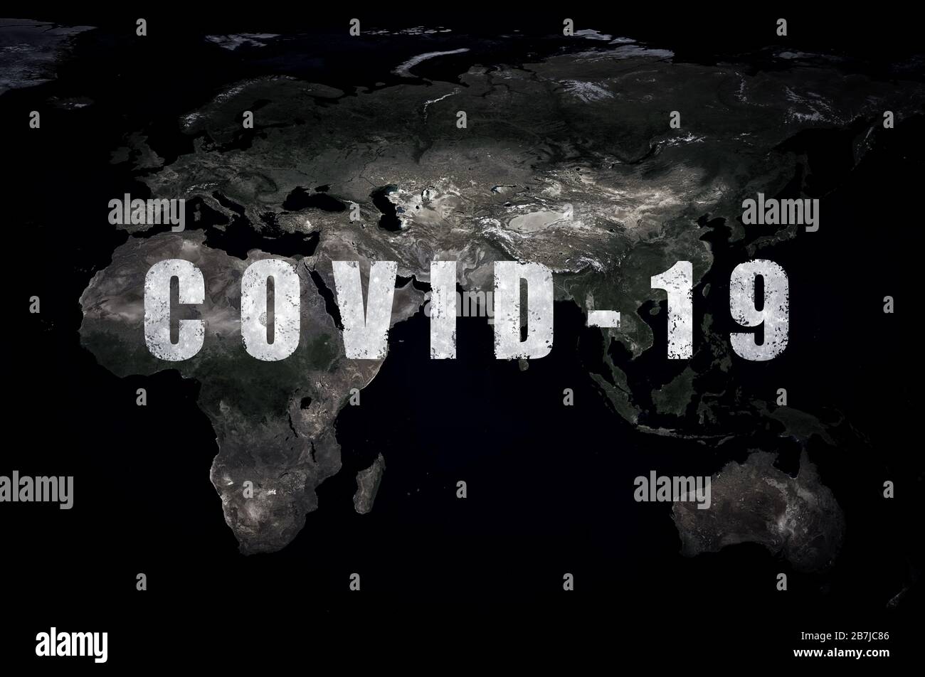 COVID-19 coronavirus pandemico, nome COVID-19 sulla mappa globale oscura. Epidemia mortale del virus della corona SARS-cov-2 nel mondo. Rapida diffusione del coronavirus sul piano Foto Stock