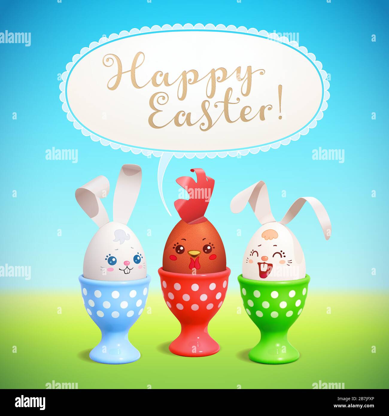 Buona Pasqua! Biglietto di auguri vettore. Due simpatici conigli e giovani gallo bruno sono fatti di uova decorate. I giocattoli commestibili cute sono seduti nelle tazze dell'uovo Illustrazione Vettoriale