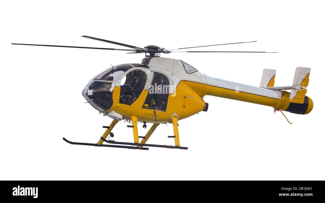 Un elicottero isolato giallo di ricerca e salvataggio su sfondo bianco Foto Stock