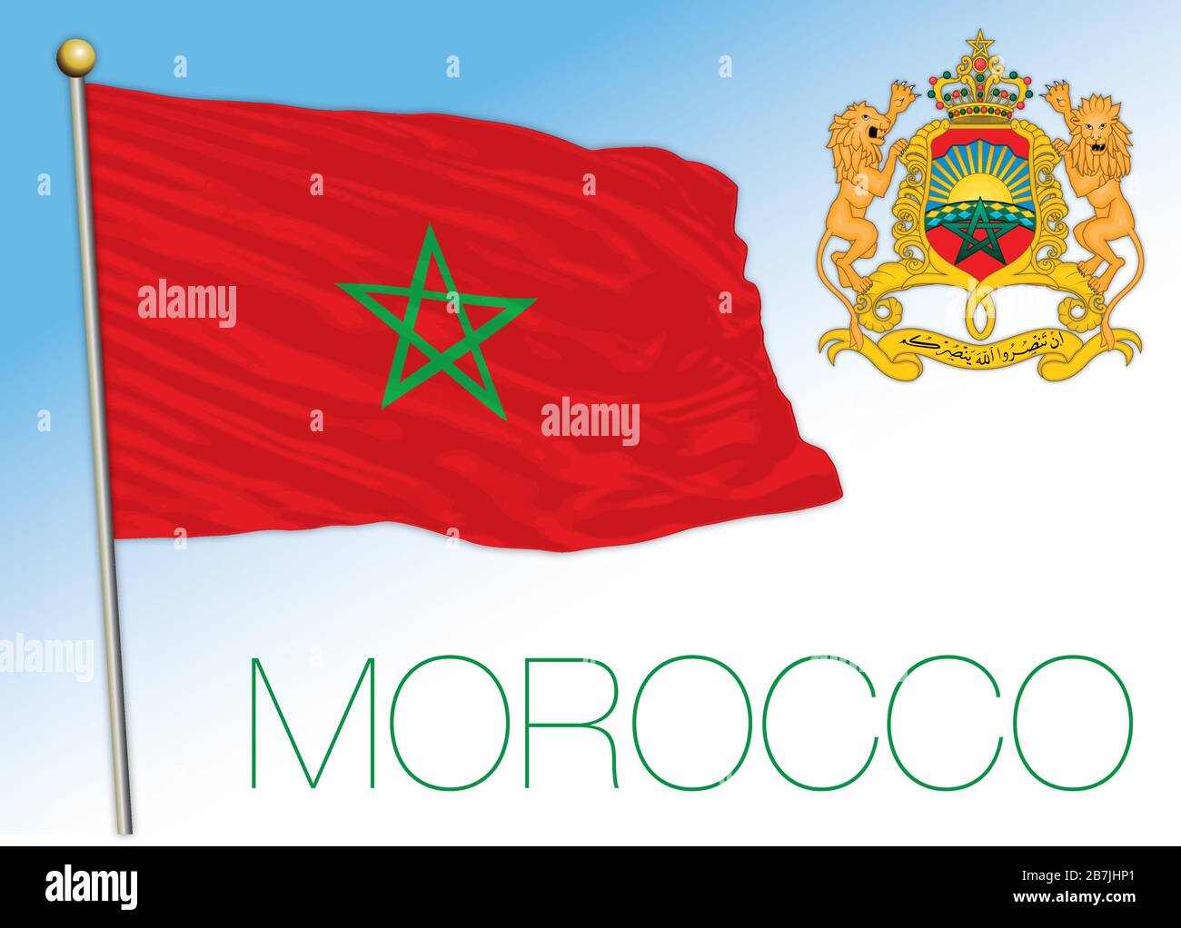 Marocco bandiera nazionale ufficiale e stemma, paese nordafricano, illustrazione vettoriale Illustrazione Vettoriale
