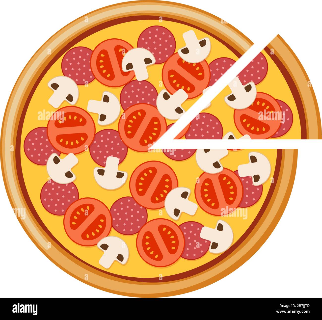 Pizza con salame di funghi di pomodoro e fette di formaggio. Italian fast food Meal isolato flat vector eps illustrazione Illustrazione Vettoriale