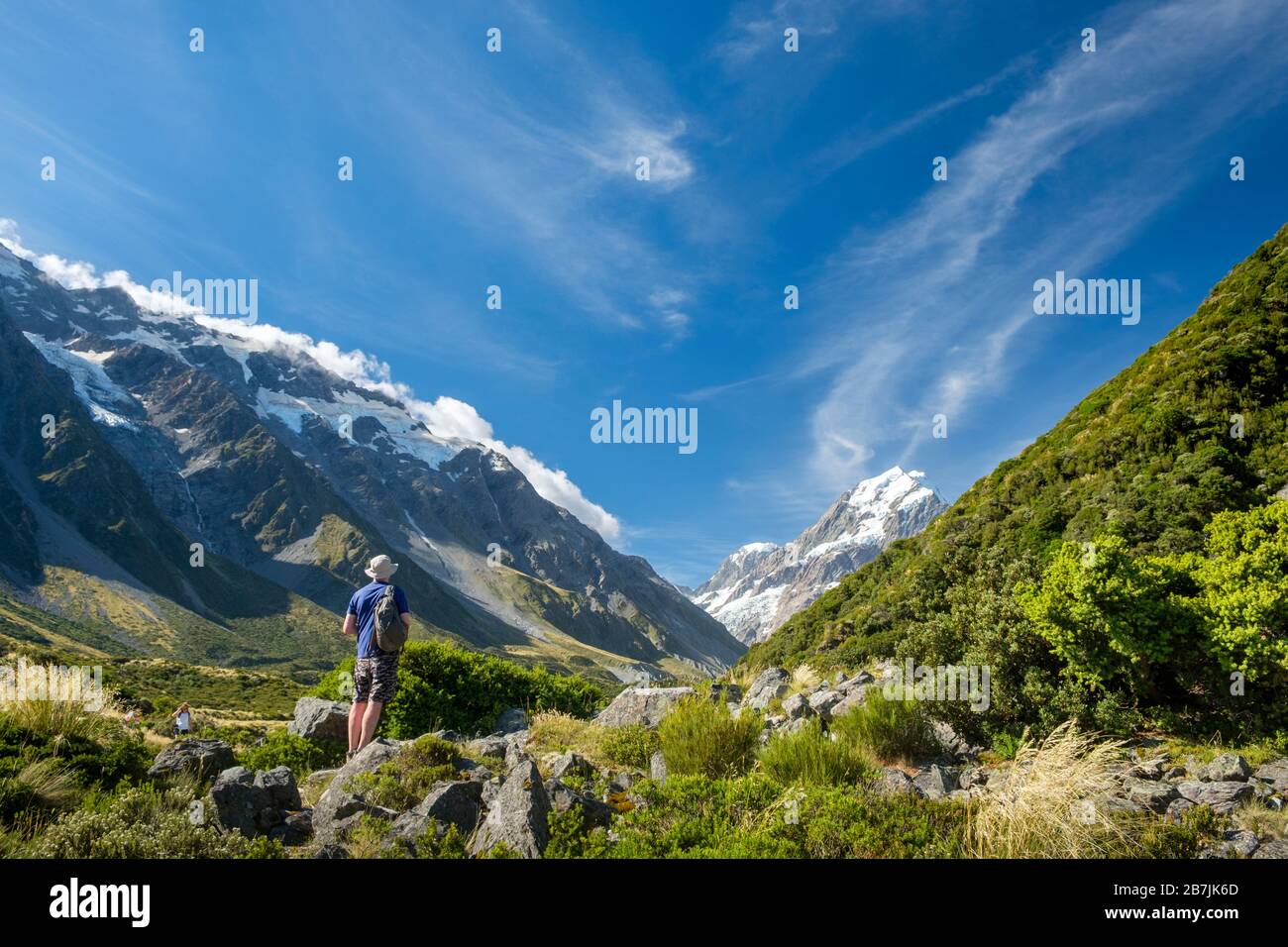 Uomo su una collina erbosa con ghiacciai e montagne innevate, Aoraki/Mount Cook National Park, South Island, Nuova Zelanda Foto Stock