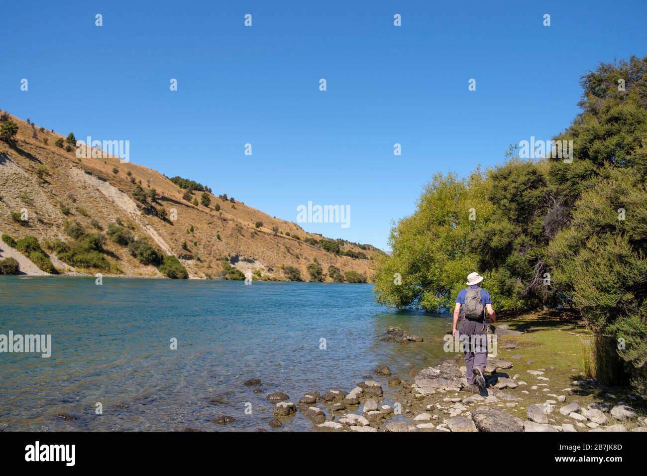 Fiume Clutha - il secondo più lungo e uno dei fiumi più puliti in NZ, Wanaka, Otago, Isola del Sud, Nuova Zelanda Foto Stock