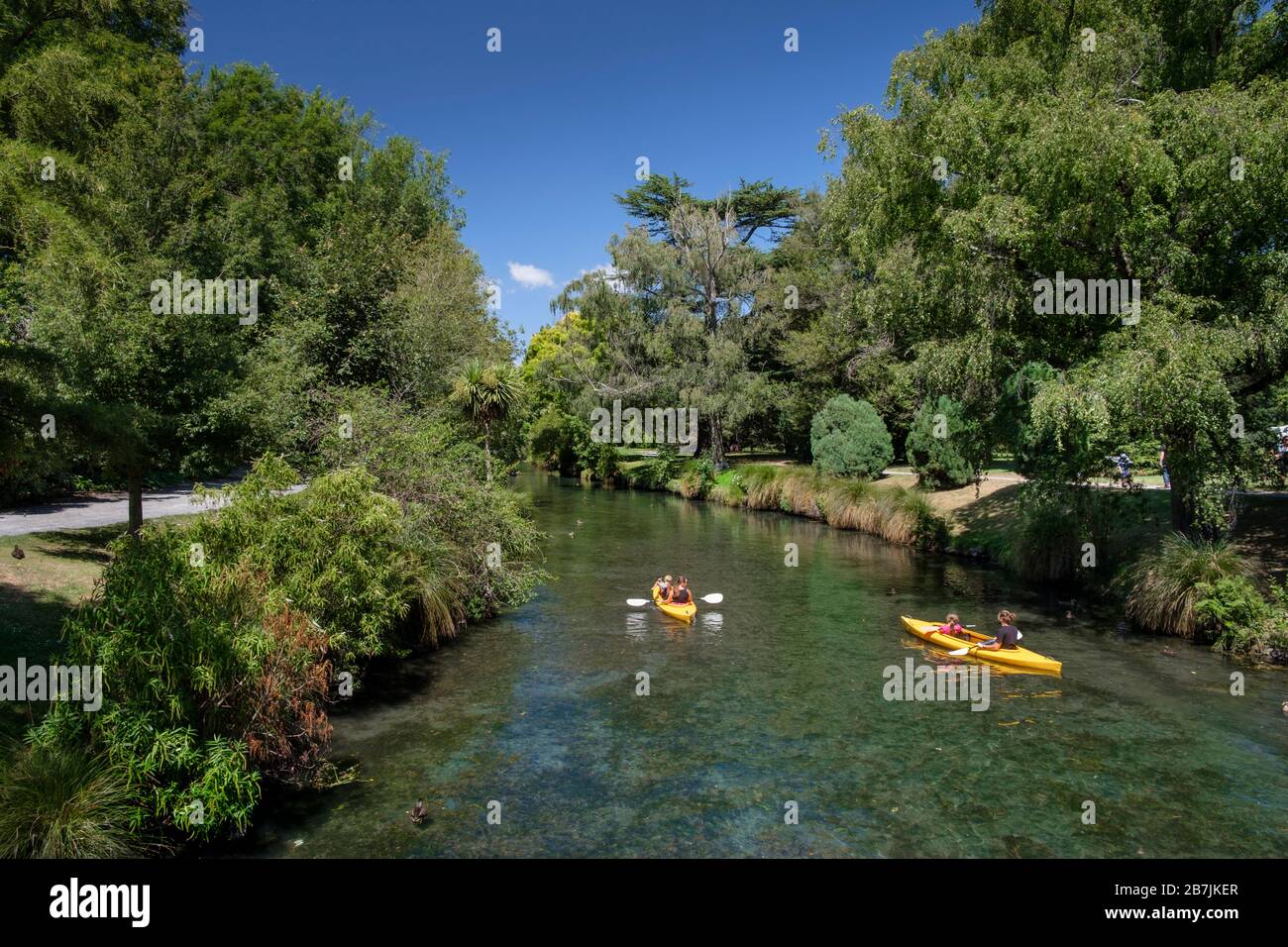 Kayak sul fiume Avon a Hagley Park, Christchurch, South Island, Nuova Zelanda Foto Stock