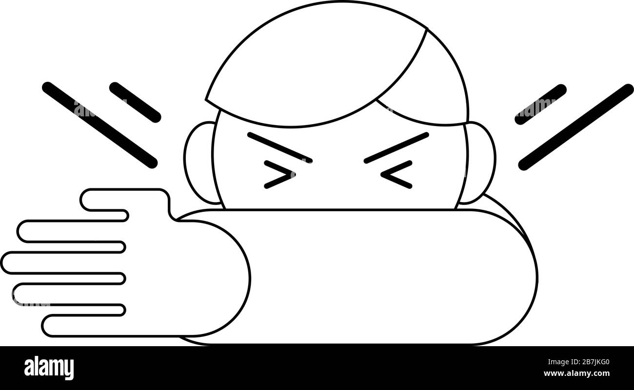 Copertura di bocca e naso durante tosse e starnuti, influenza o prevenzione coronavirus illustrazione. Vettore bianco e nero. Illustrazione Vettoriale