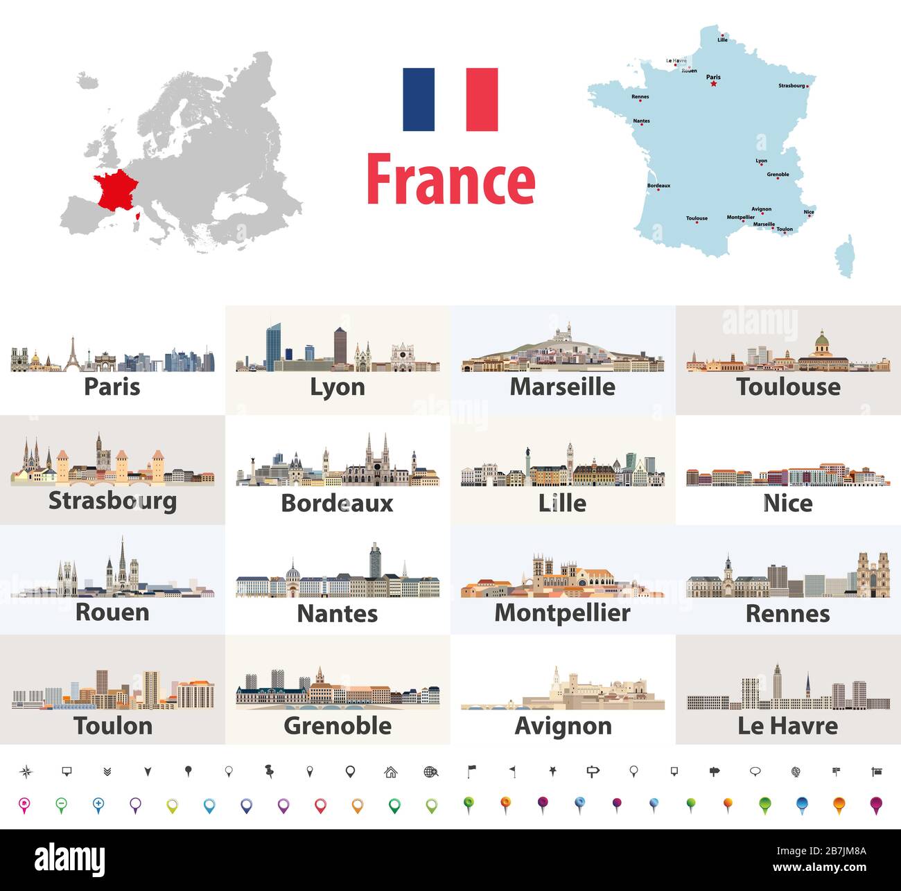 Mappa vettoriale della Francia con le principali città su di esso. Icone delle città francesi. Segnaletica per la navigazione e la posizione Illustrazione Vettoriale