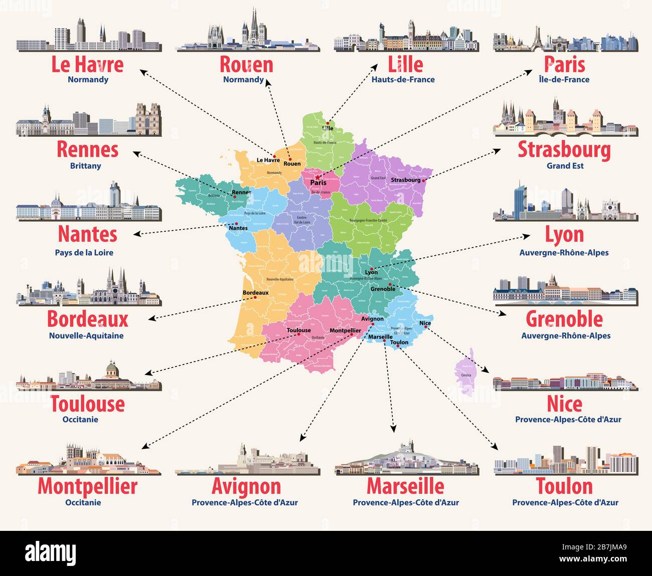 Mappa vettoriale della Francia con le principali città su di esso. Icone delle città francesi Illustrazione Vettoriale