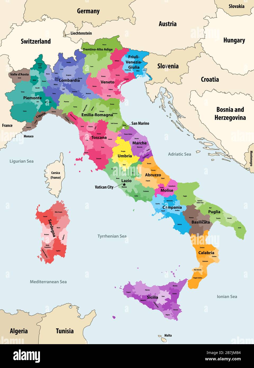 Le province italiane colorate per regioni mappa vettoriale con i paesi e territori vicini Illustrazione Vettoriale