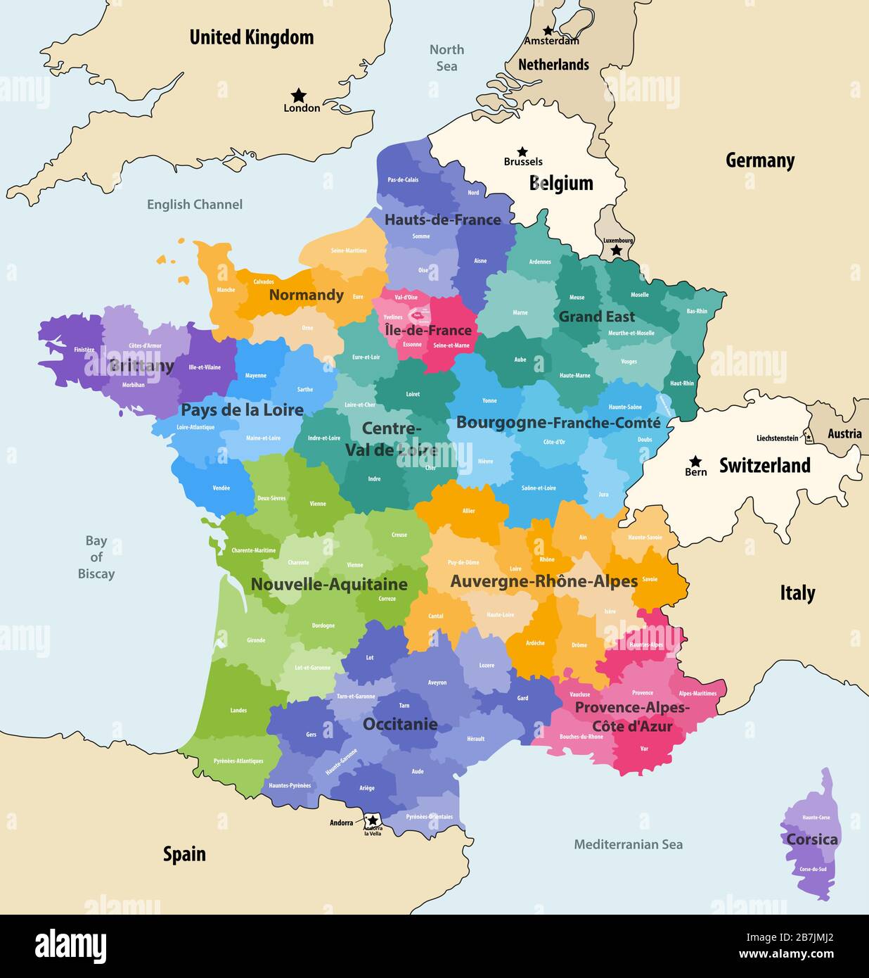 Le regioni e i dipartimenti amministrativi della Francia mappa vettoriale con i paesi e territori vicini Illustrazione Vettoriale