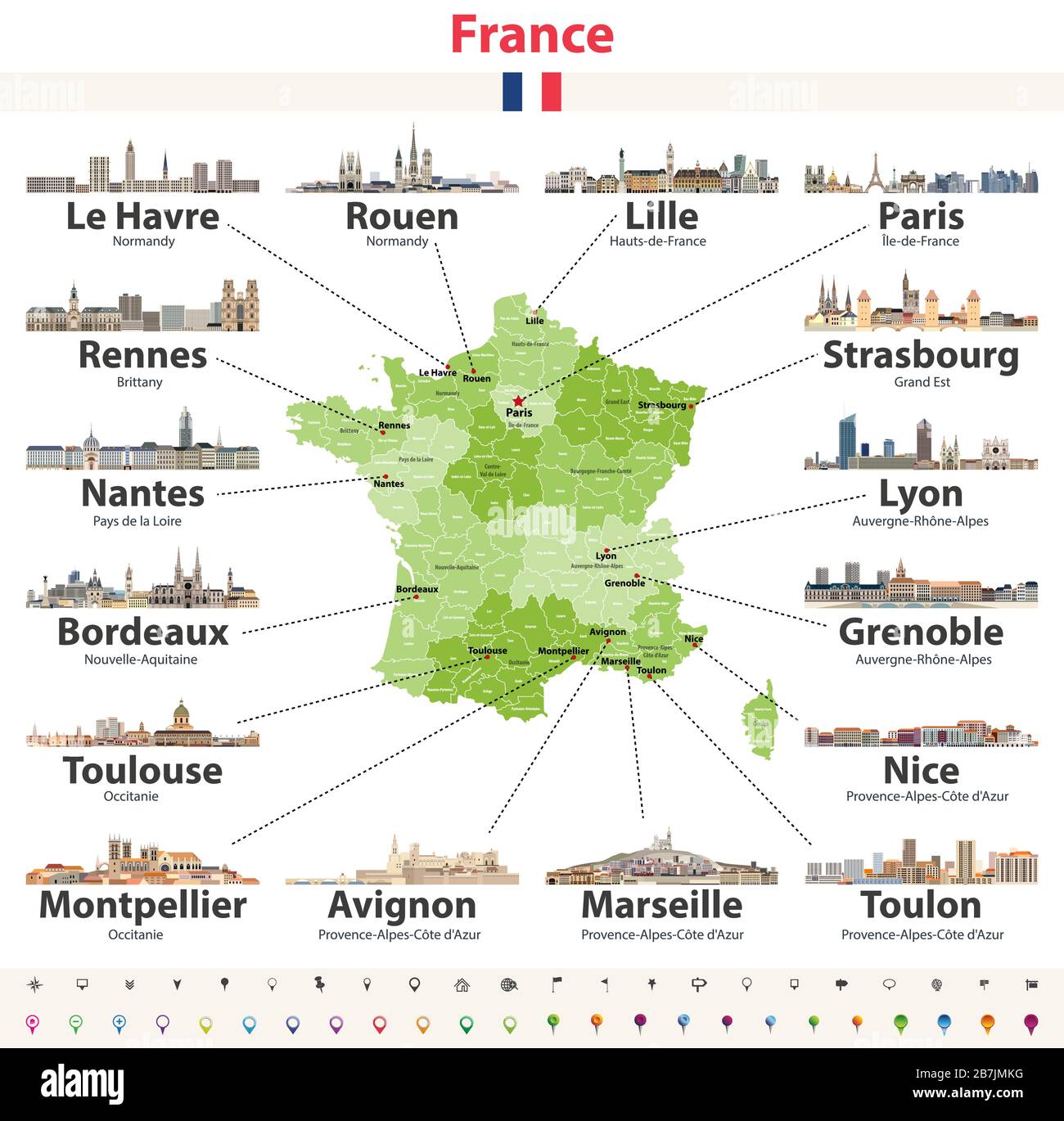 Mappa vettoriale della Francia con le principali città su di esso. Icone delle città francesi Illustrazione Vettoriale