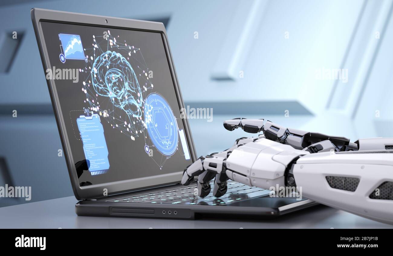 Robot con le mani in mano la digitazione sulla tastiera. 3D illustrazione Foto Stock
