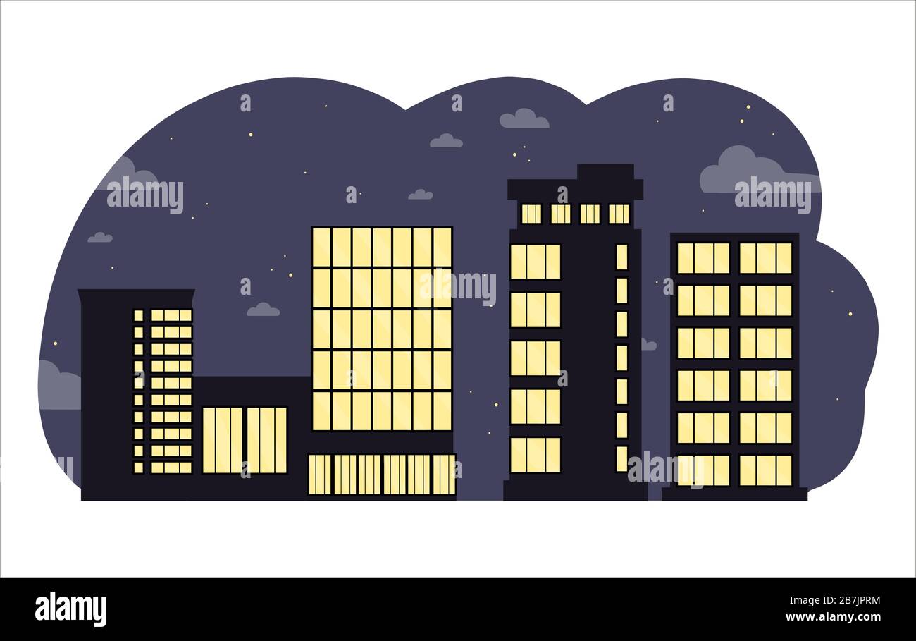 Edifici neri di centri di affari a Night.Vector Illustrazione Vettoriale