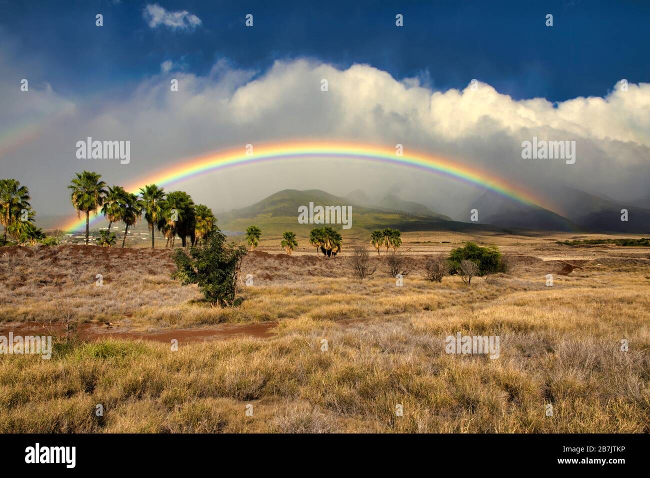 Splendida vista panoramica su un arcobaleno attraverso le montagne di Maui ovest. Foto Stock