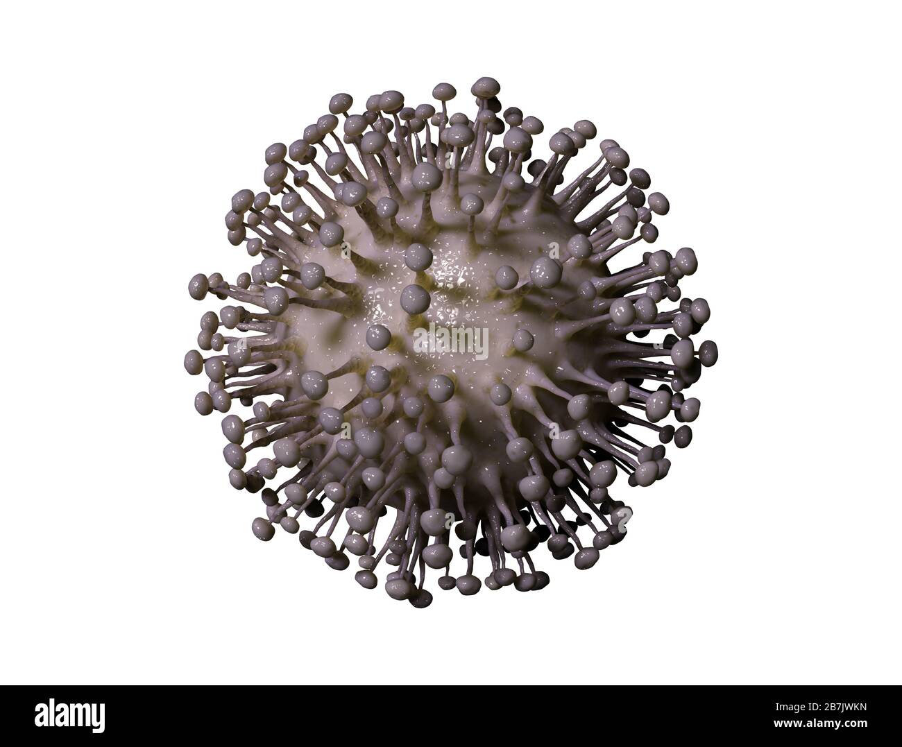 Cellula virale su sfondo bianco. Primo piano del virus microscopico Coronavirus Covid-19. rendering 3d Foto Stock
