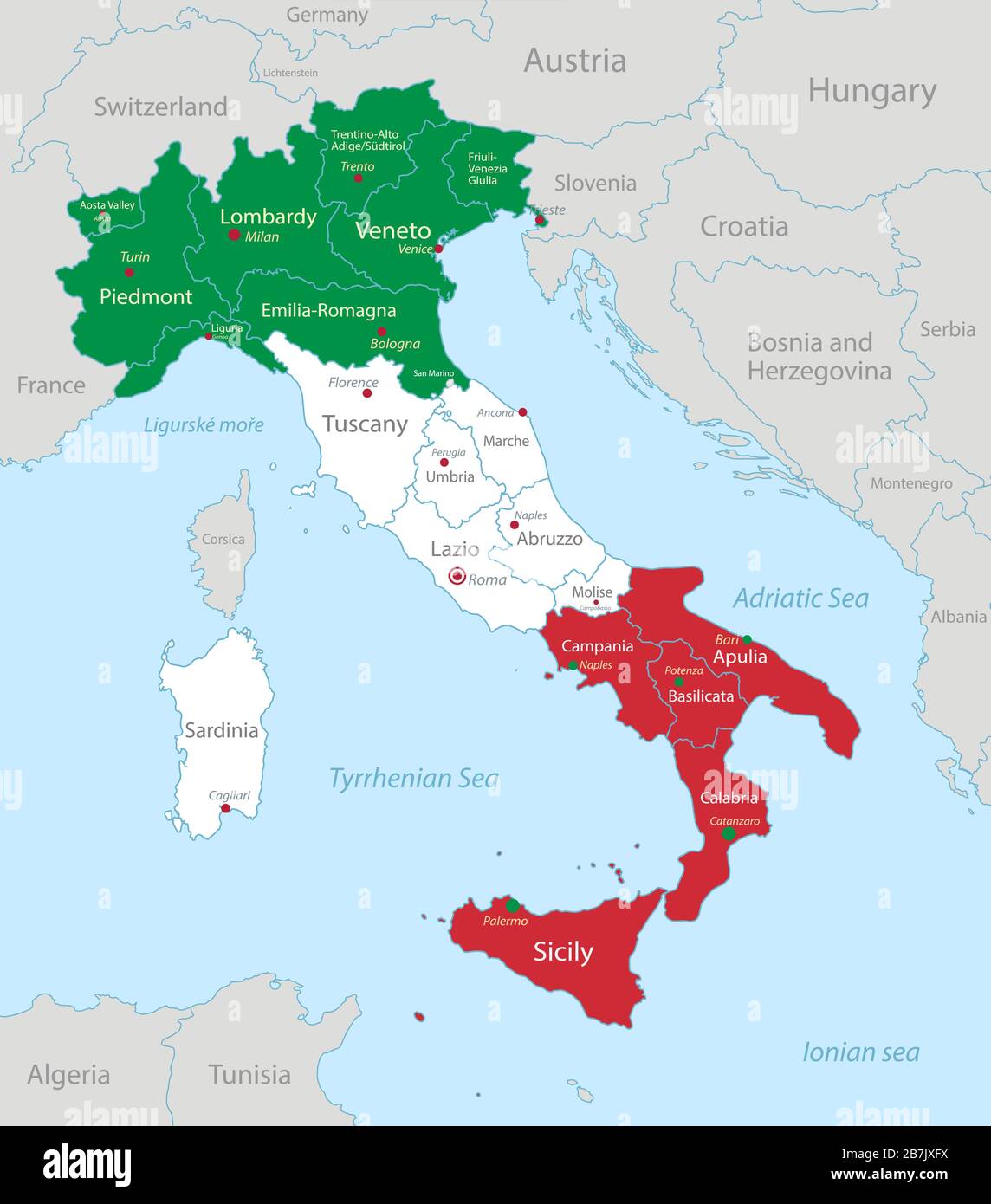 Mappa Italia in colori di bandiera con stati vicini, divisione amministrativa e nomi con città vettore Illustrazione Vettoriale