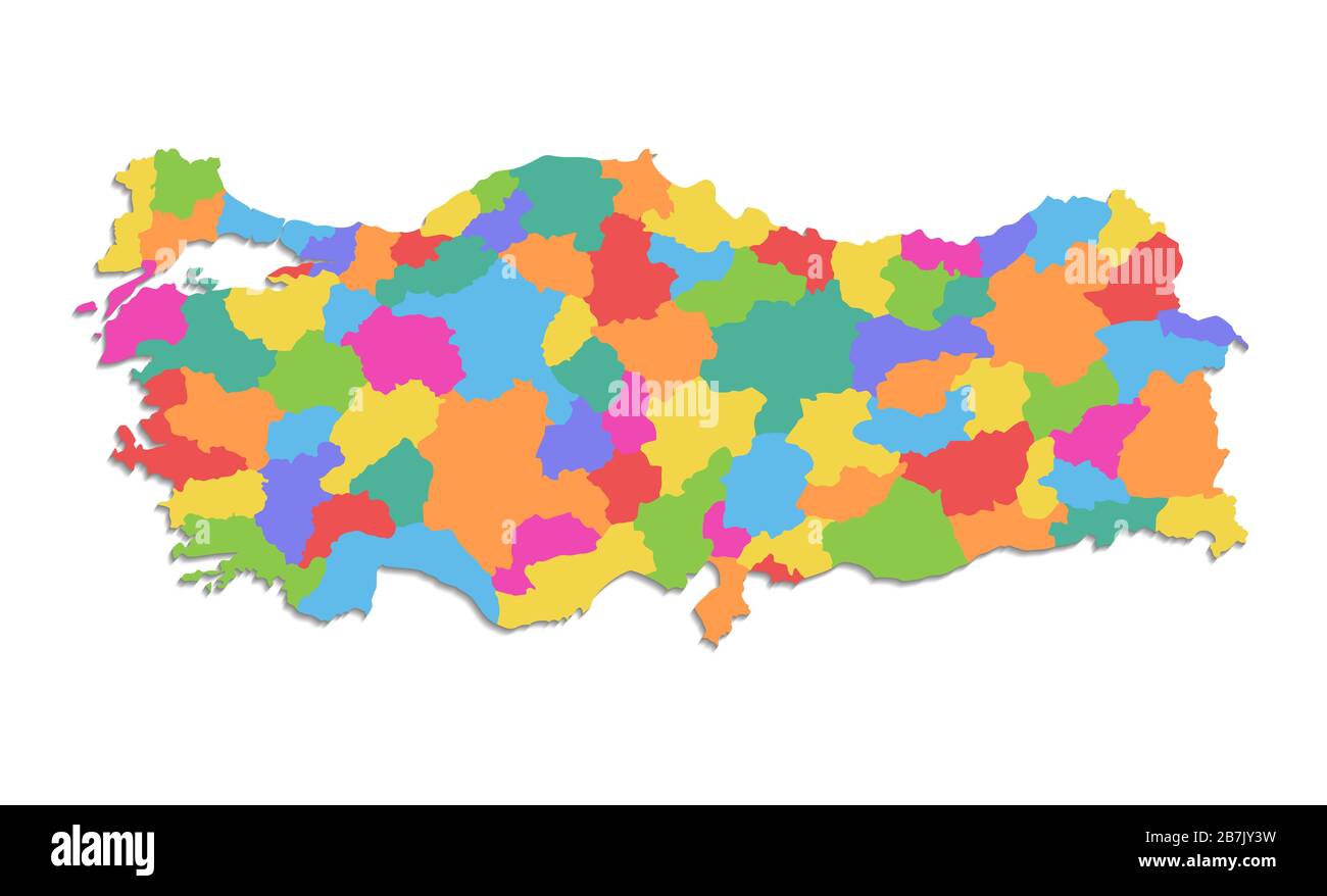 Mappa della Turchia, divisione amministrativa, singole regioni separate, mappa dei colori isolata su sfondo bianco Foto Stock
