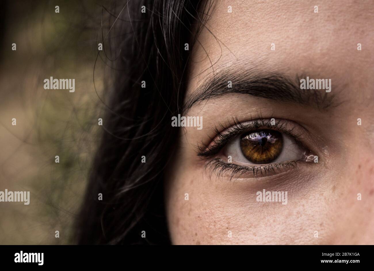 occhio bruno brillante di una donna espressiva con capelli neri e erba dietro Foto Stock