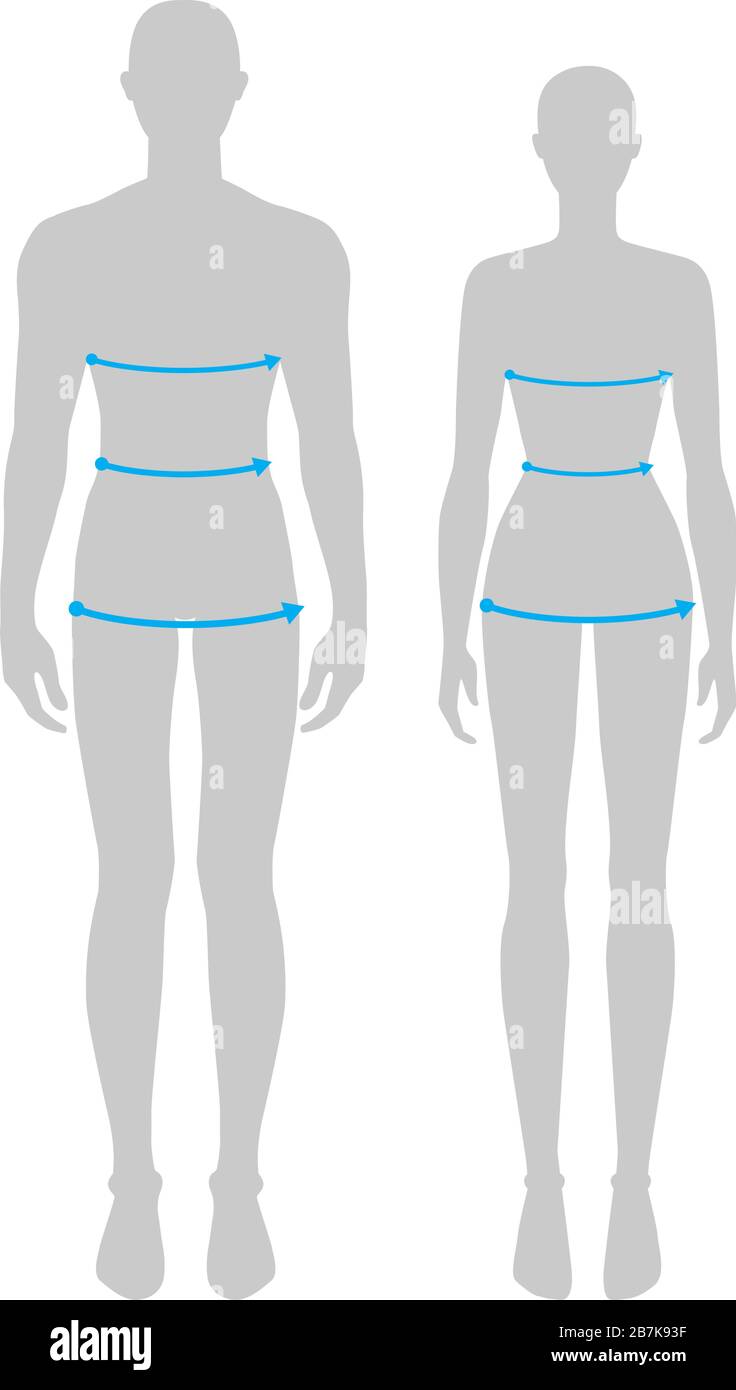 Donne e uomini per fare l'illustrazione di modo di misurazione del corpo per il grafico di taglia. 7.5 testa taglia ragazza e ragazzo per il sito o negozio online. Modello infografico per il corpo umano per vestiti. Illustrazione Vettoriale