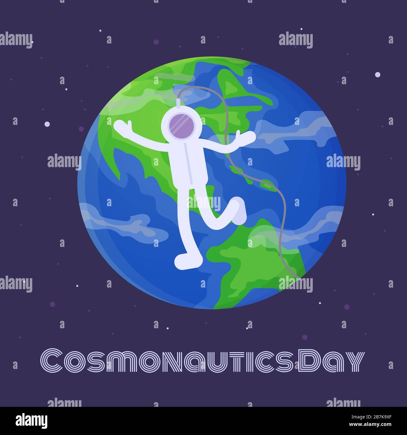 Cartoon Cosmonautics day 12 April card. Astronauta che vola nello spazio intorno alla Terra. Concetto di pace e plorazione. Illirazione vettoriale in stile piatto Illustrazione Vettoriale