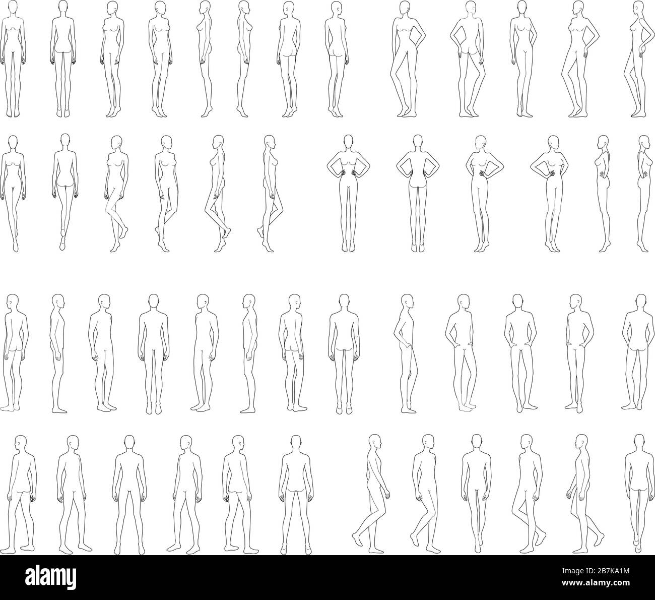 Modello di moda di 50 uomini e donne. 9 dimensioni testa per disegno tecnico. Signori e signora figura davanti, lato, 3-4 e retro vista. Vettore contorno ragazzo e ragazza per la moda schizzo e l'illustrazione. Illustrazione Vettoriale