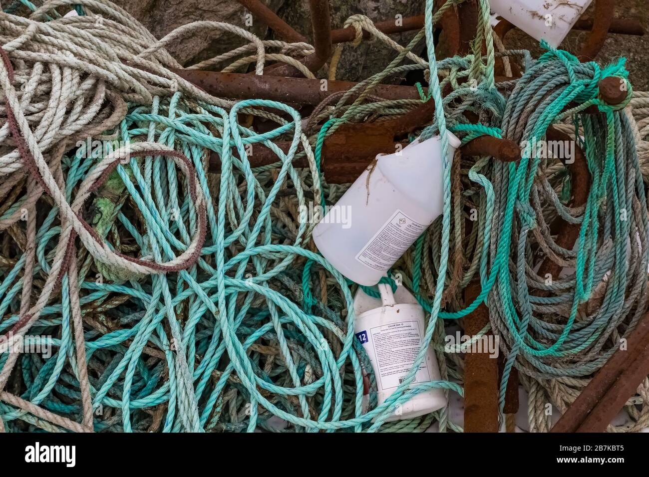 Corda di ancoraggio usata in e industria di pesca a Terranova, Canada Foto Stock