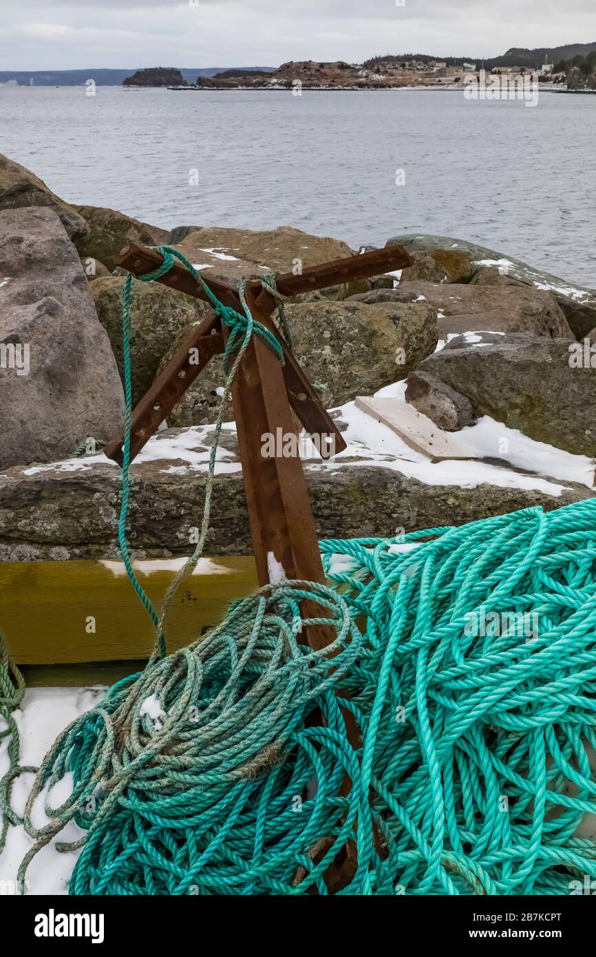 Corda di ancoraggio usata in e industria di pesca a Terranova, Canada Foto Stock