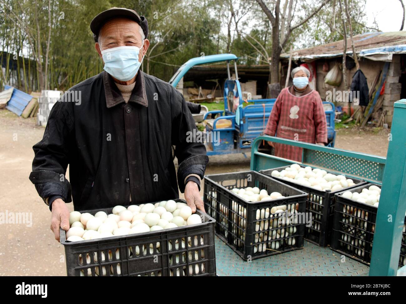 I contraenti di uno stagno di pesci che alleva sia anatra che pesce, Haibo Zheng, a sinistra, e sua moglie Caizhi Xu, caricare uova d'anatra ad un pedicad nella contea di Xianju, Ta Foto Stock