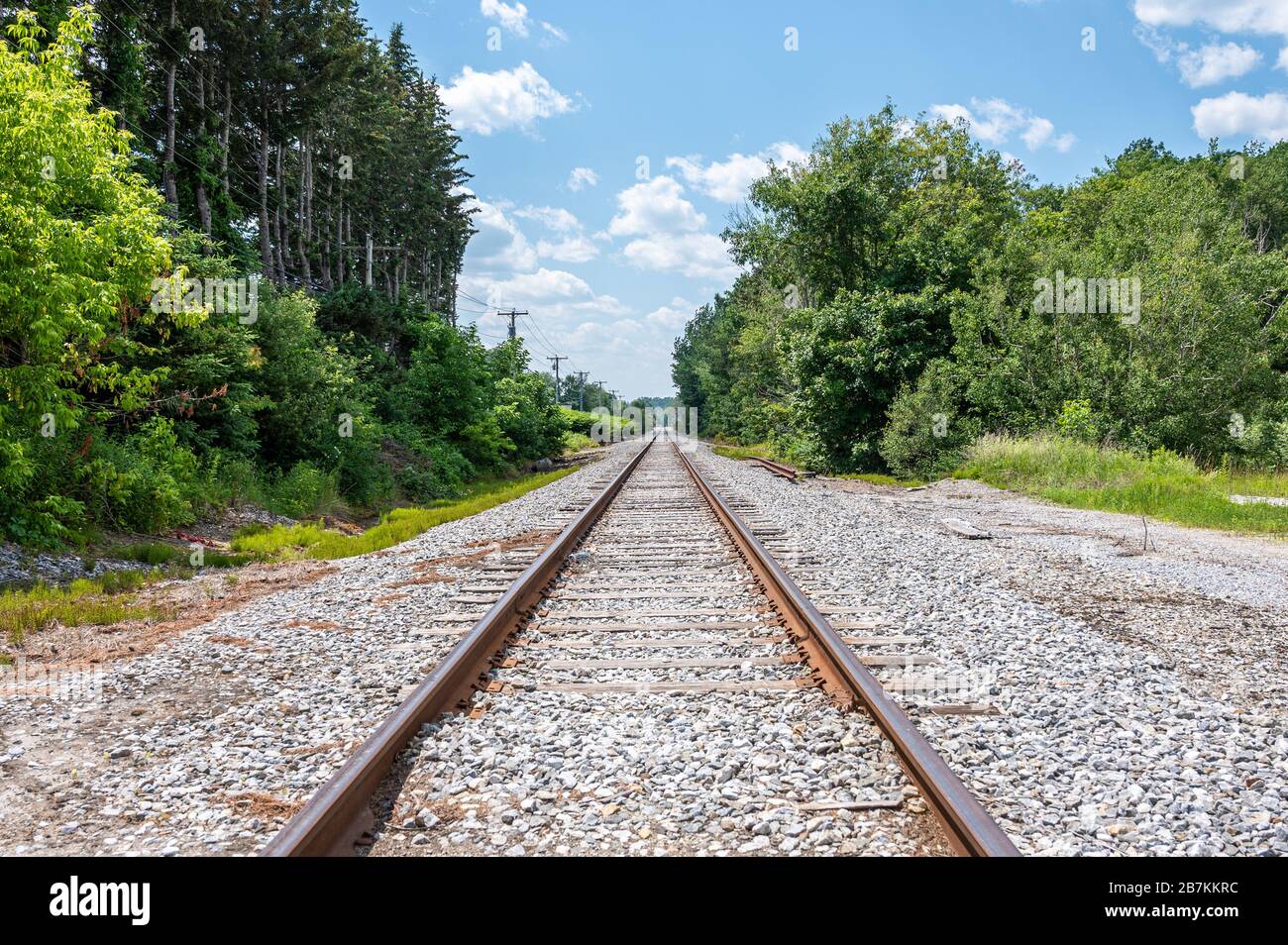 I binari ferroviari si estendono dritto fino a un punto di fuga, diminuendo nell'infinito in un ambiente rurale con nuvole e alberi, Brunswick, Maine Foto Stock