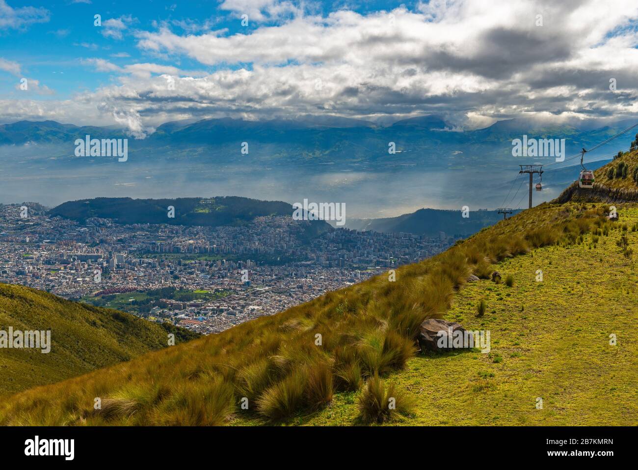 Quito con la sua funivia chiamata Teleferico visto dal vulcano Pichincha, Ecuador. Foto Stock