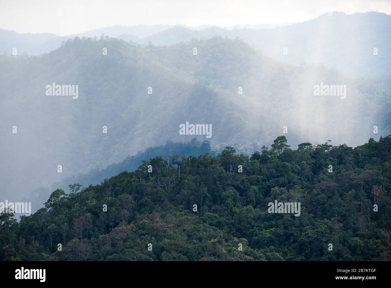 Immagine paesaggistica delle colline verdi di montagna mentre piove Foto Stock