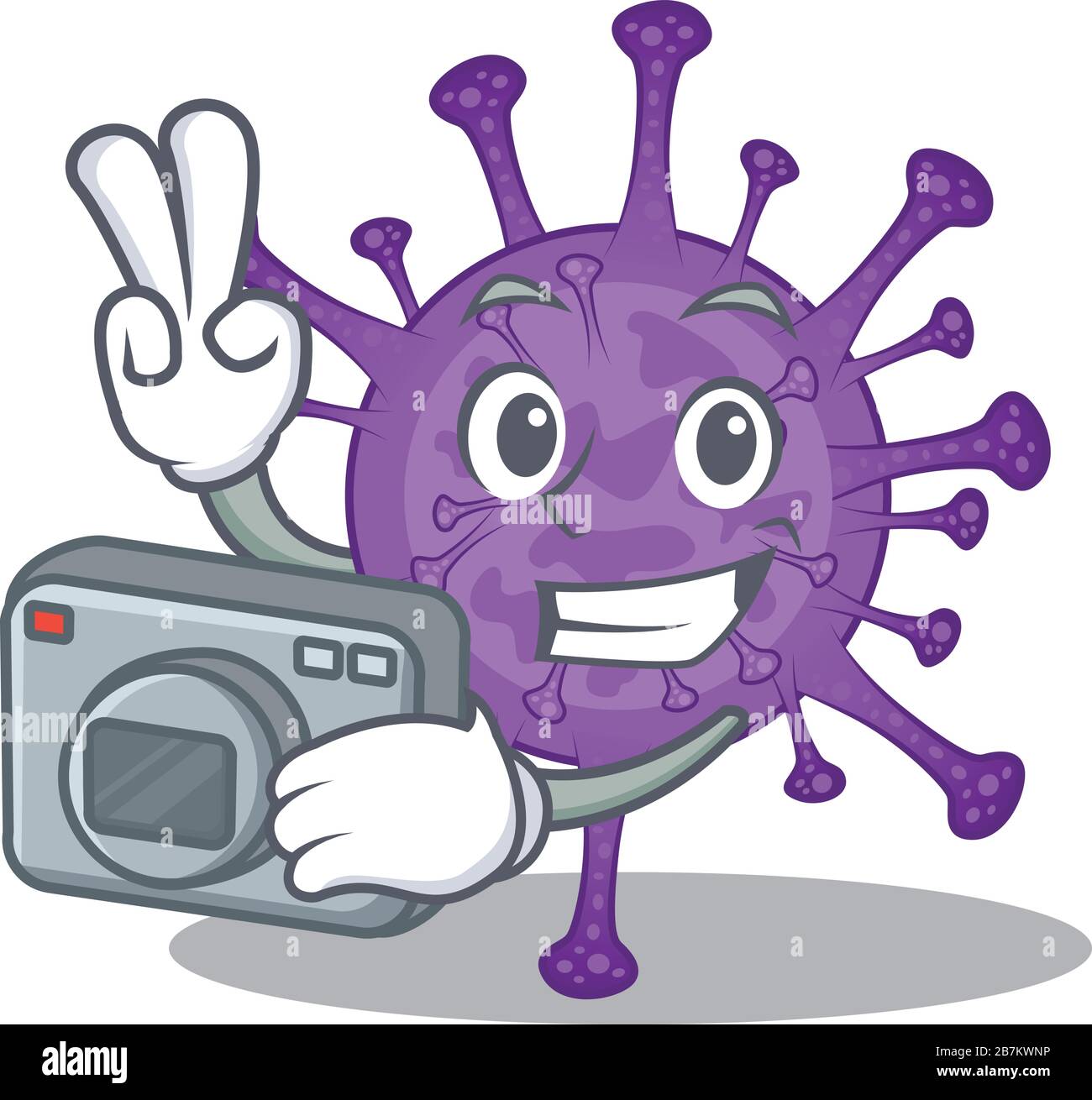 il disegno della mascotte del coronavirus bovino come fotografo professionista con una macchina fotografica Illustrazione Vettoriale