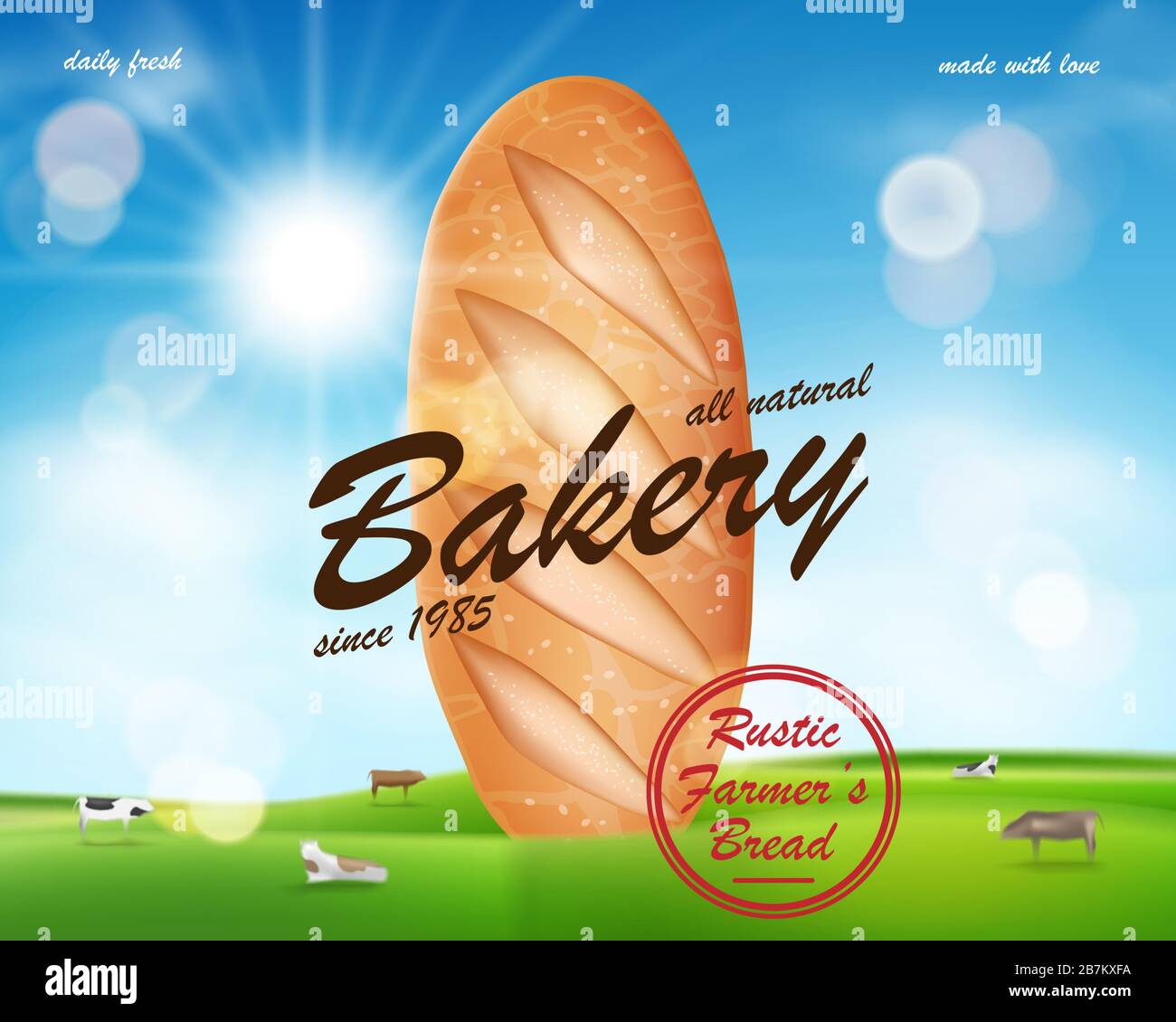Banner realistico annunci Bakery, delizioso pane francese baguette in campagna con mucche. Banner promozionale per panetteria. Illustrazione vettoriale Illustrazione Vettoriale