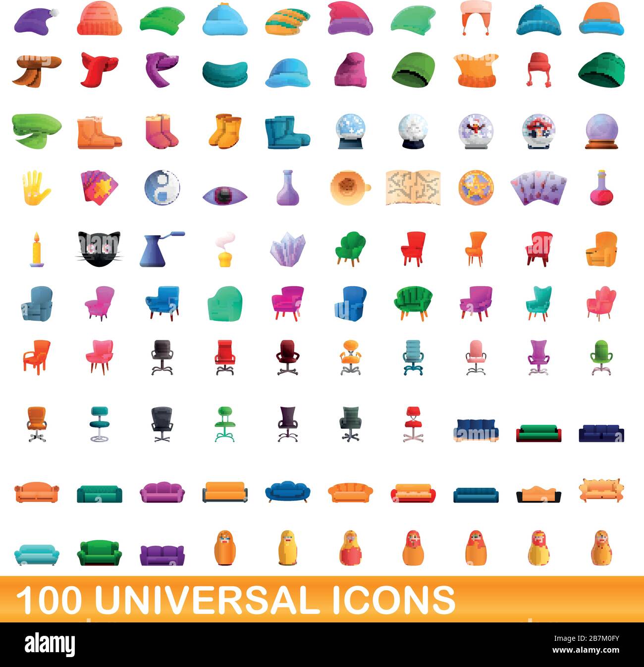 100 universal set di icone. Cartoon illustrazione di 100 icone universali set di vettore isolato su sfondo bianco Illustrazione Vettoriale