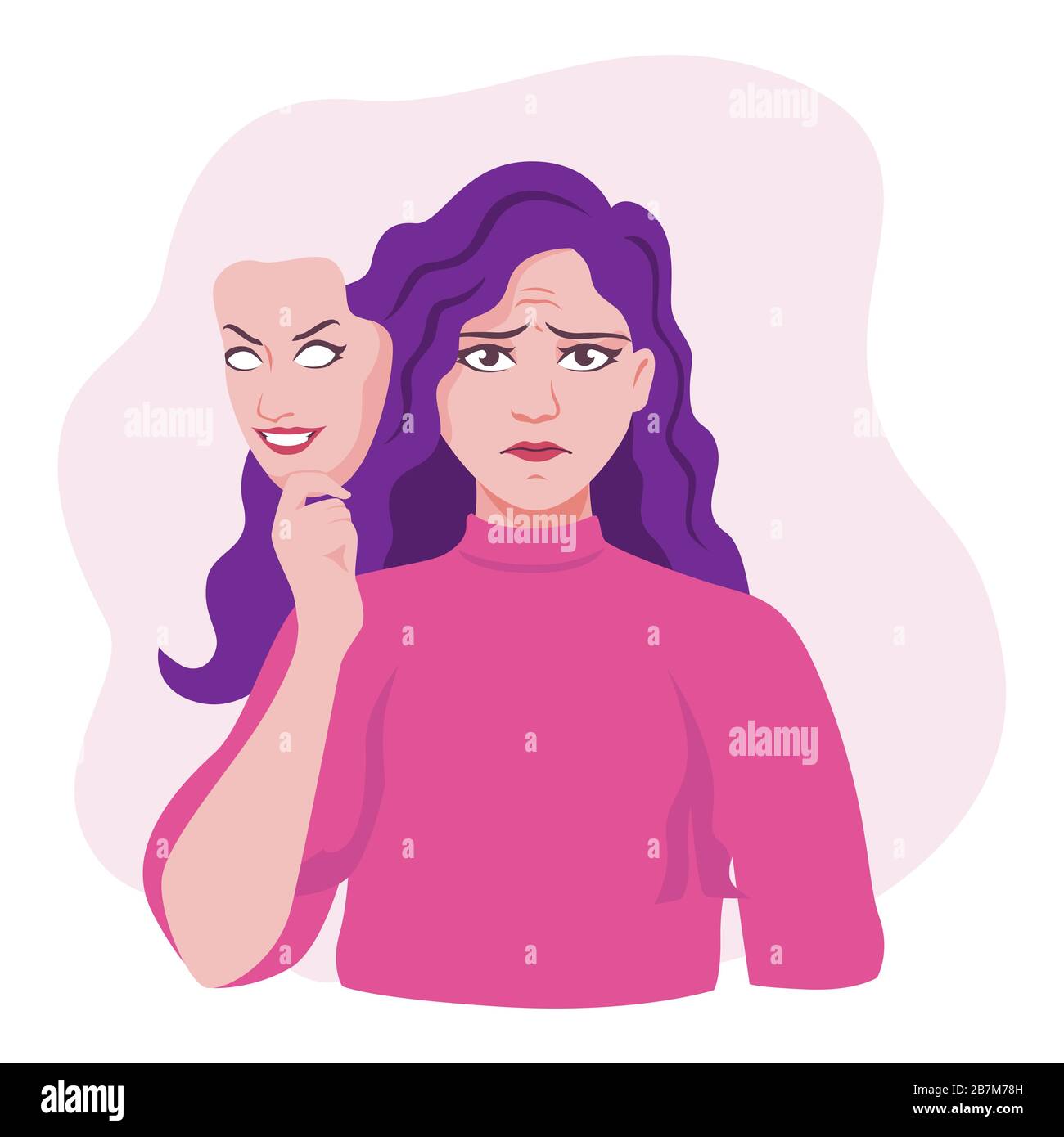 Donna infelice che indossa maschera sorridente illustrazione grafica vettoriale Illustrazione Vettoriale