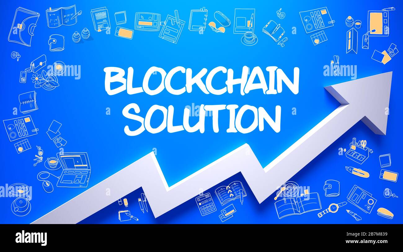 Azure Wall con Blockchain Solution Inscription e White Arrow. Concetto di successo. Soluzione Blockchain - concetto di sviluppo con le icone di disegno di Doodle intorno sullo sfondo blu della superficie. Foto Stock
