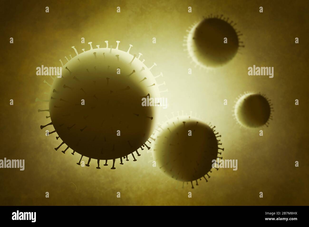Illustrazione, vista del virus Corona sotto microscopio, virus e vaccino produttore. Il virus Corona è in uscita Foto Stock