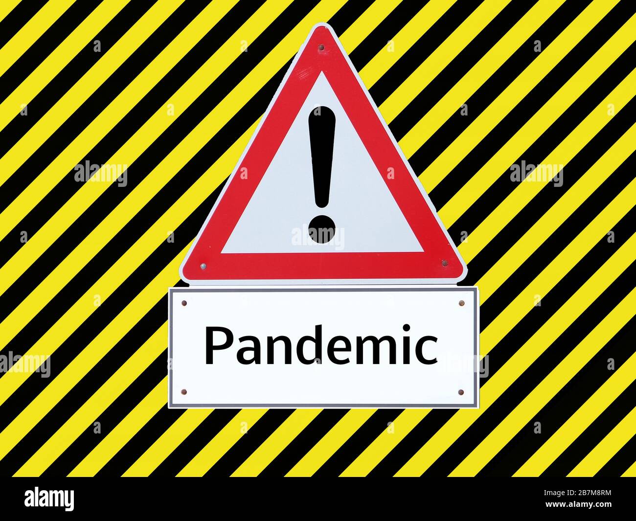 Segnale di avvertimento allarme pandemico giallo strisce nere sfondo Foto Stock