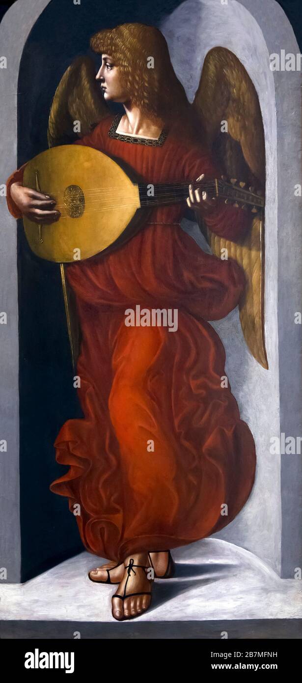 Angelo in rosso con liuto, Giovanni Ambrogio de Predis, 1495 circa, Foto Stock