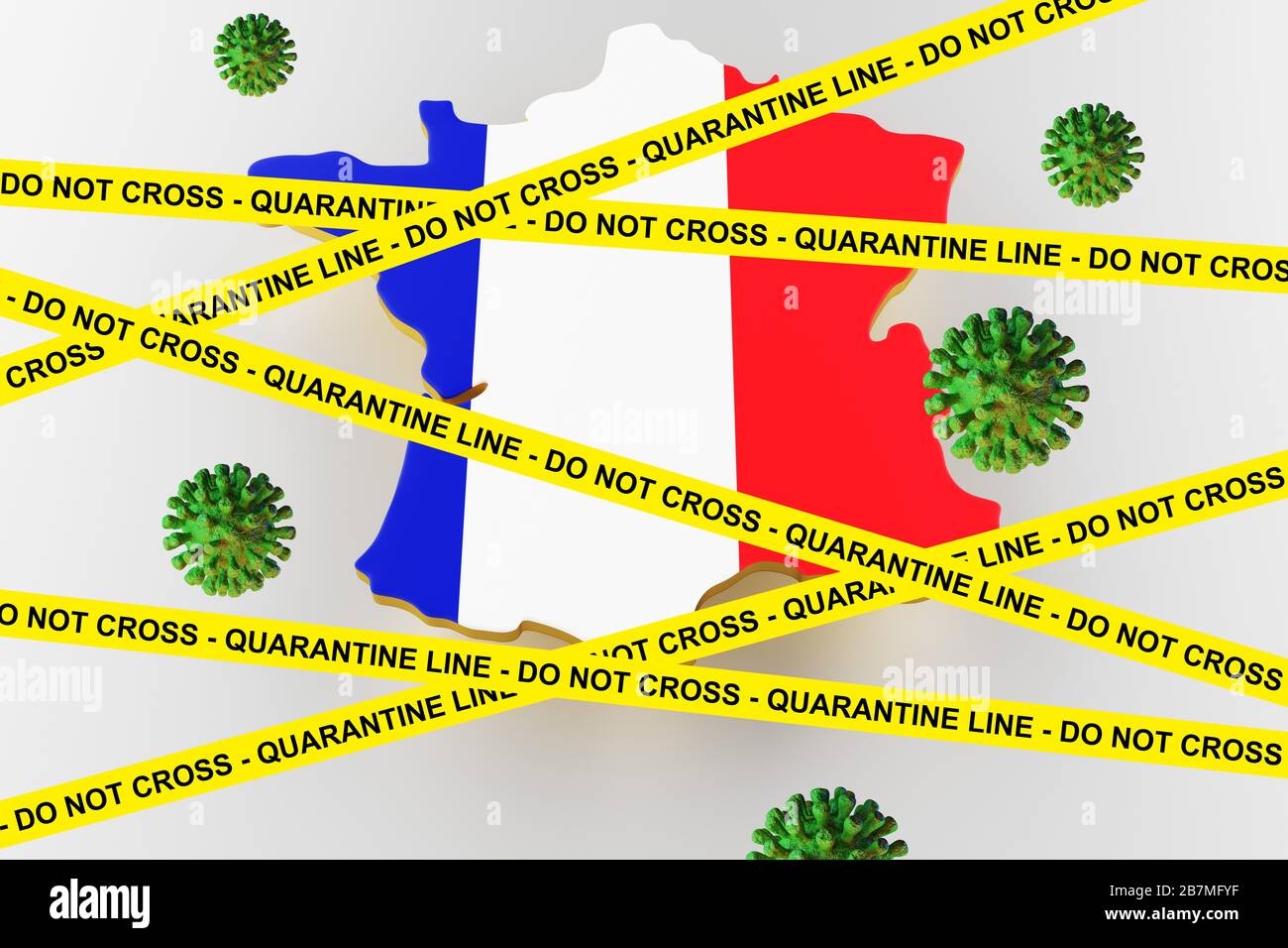 Focolaio di coronavirus e coronavirus influenza 2019-ncov su bandiera nazionale della Francia. Rappresentazione 3D dettagliata e dettagliata. Foto Stock