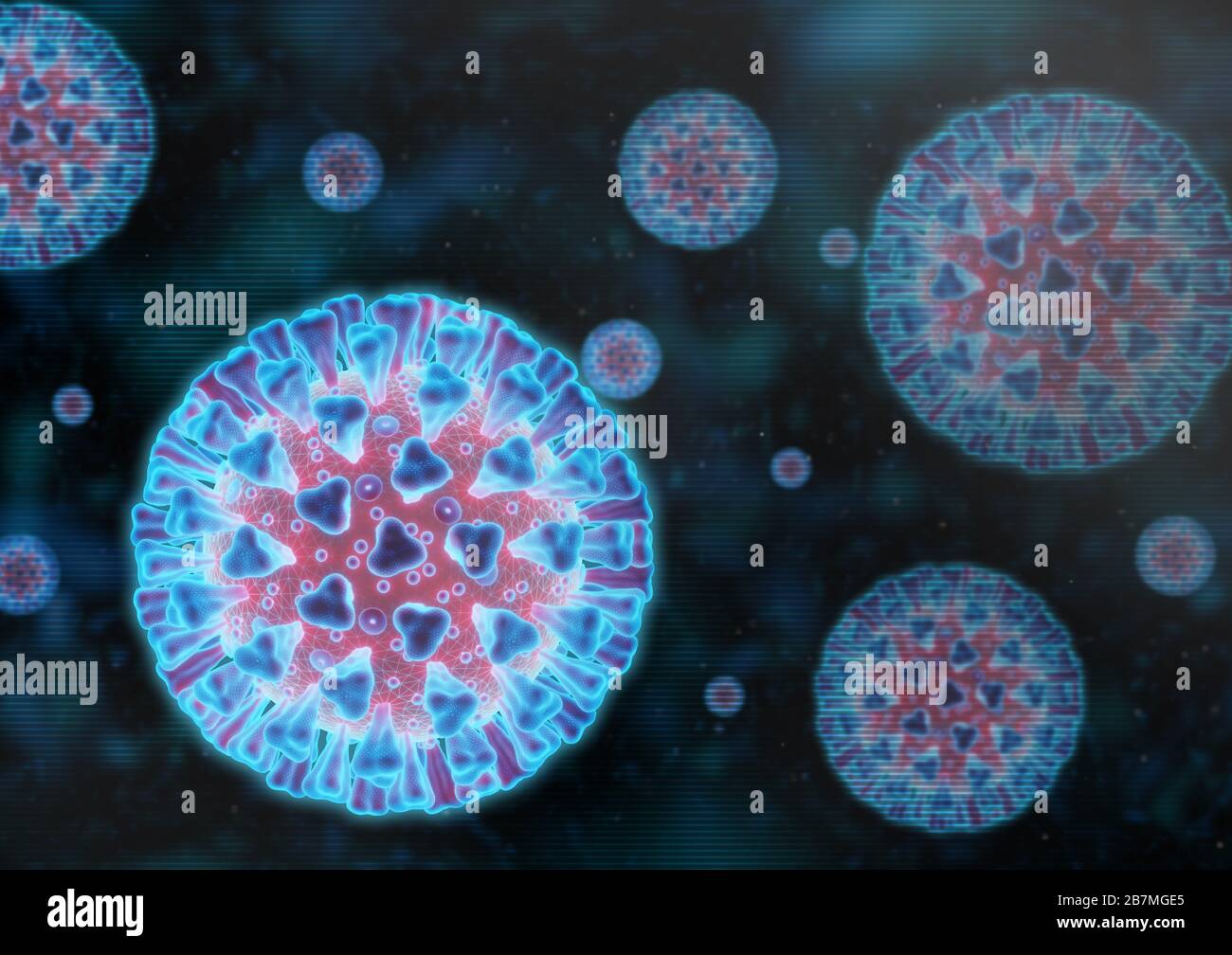 Grafico medico futuristico dell'interfaccia utente FUI HUD della malattia di Coronavirus COVID-19 infection.3D rendering illustrazione medica di uno schermo con il pa Foto Stock