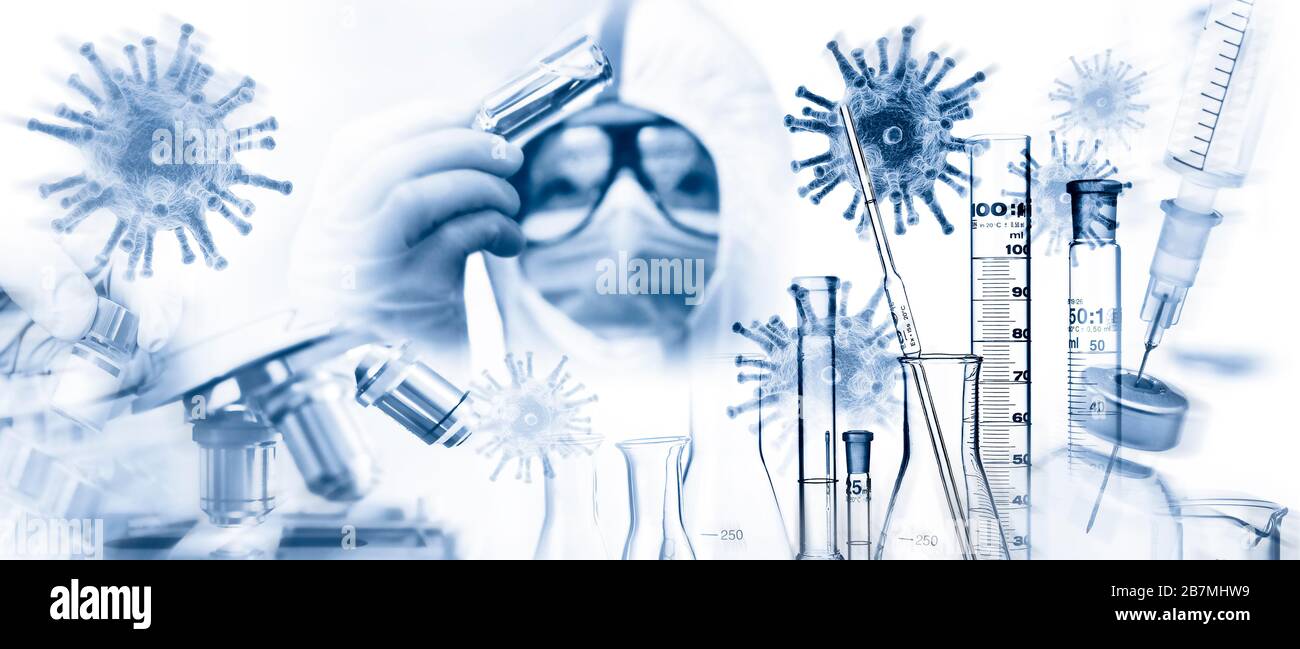 Ricercatori con virus, pipette, matracci di vetro e molti altri utensili da laboratorio Foto Stock