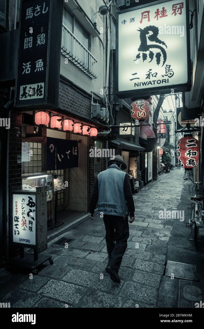 Un uomo che cammina lungo Hozenji Yokocho, un vicolo stretto di bar e ristoranti a Namba, Osaka, Giappone. Foto Stock