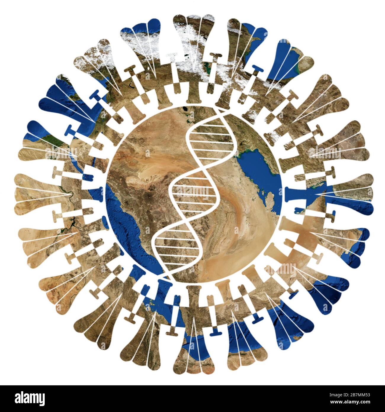 Corona virus sopra il Medio Oriente. Grafica Corona combinata con una mappa del Medio Oriente - del nostro pianeta blu Terra - isolata su sfondo bianco. ELEM Foto Stock