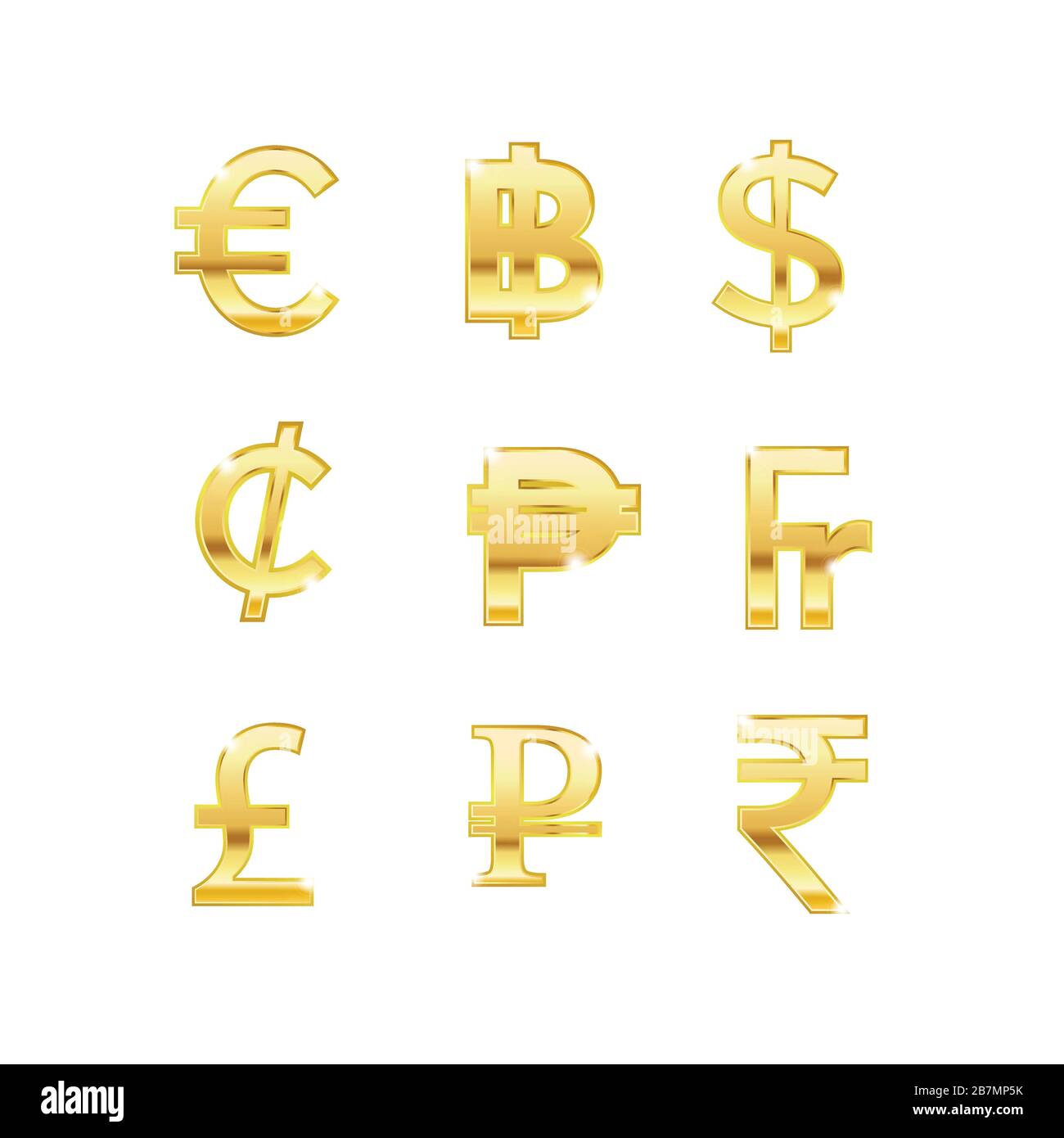 Set di valute di colore oro lucido segno icona immagine vettoriale Illustrazione Vettoriale